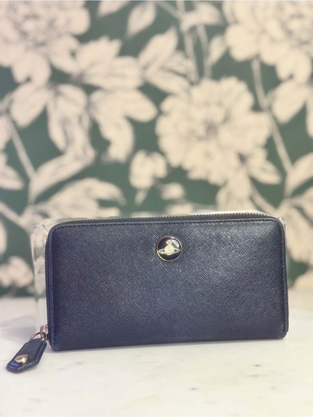 Vivienne Westwood Navy Textured Leather Zip Wallet with Orb Emblem